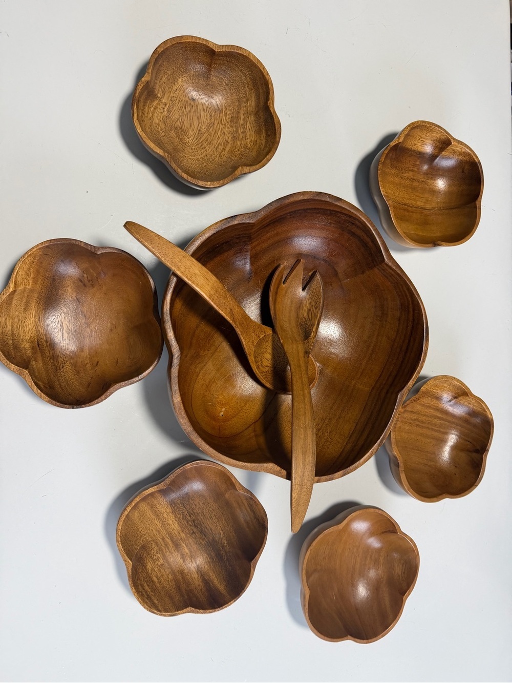 Vintage Hand-Carved Monkey Pod Wood 9-Piece Salad Set MCM